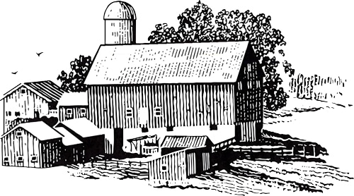 Wood cut image of farm buildings