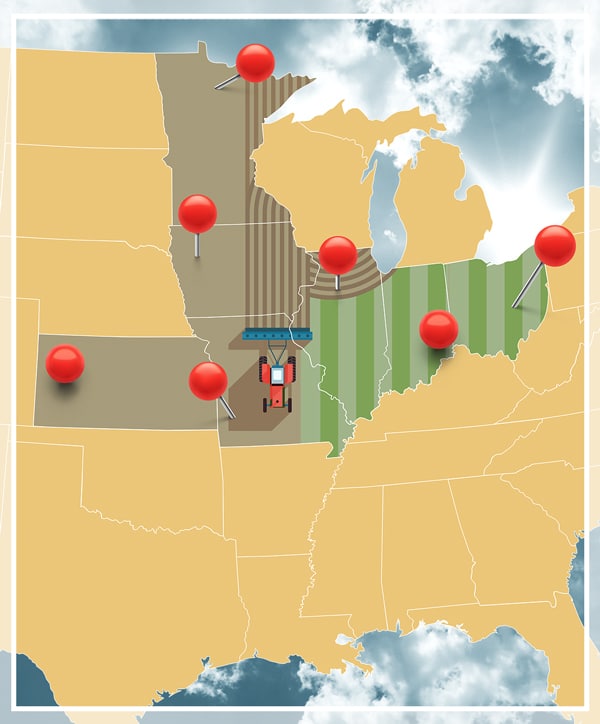 Digital illustration of map pins placed on Midwestern States